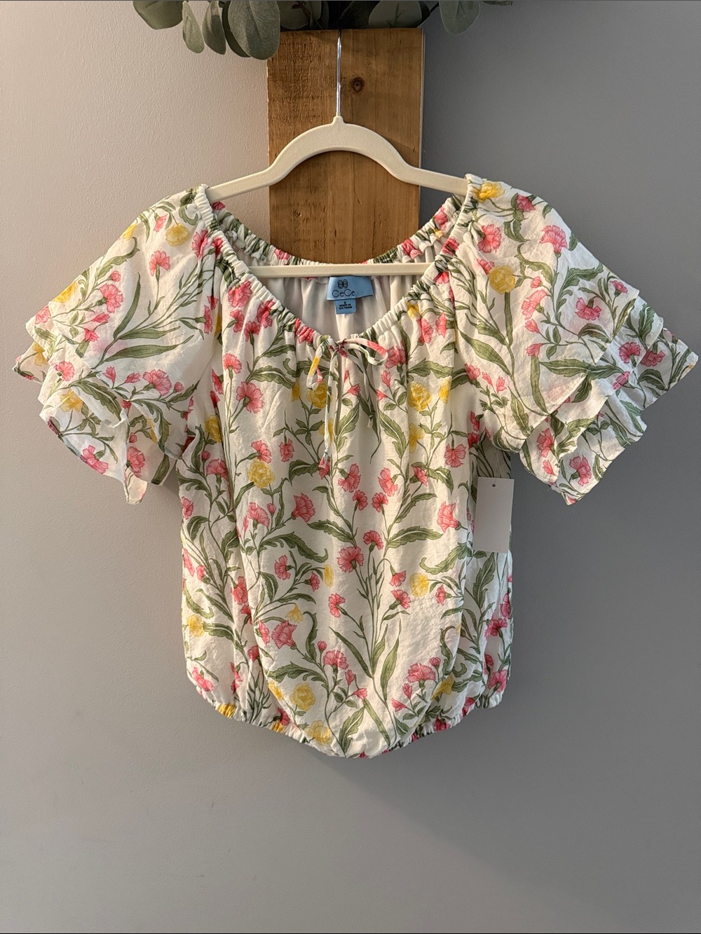 CeCe White Floral Off-Shoulder Blouse - Pink & Yellow Flowers, S, NWTs